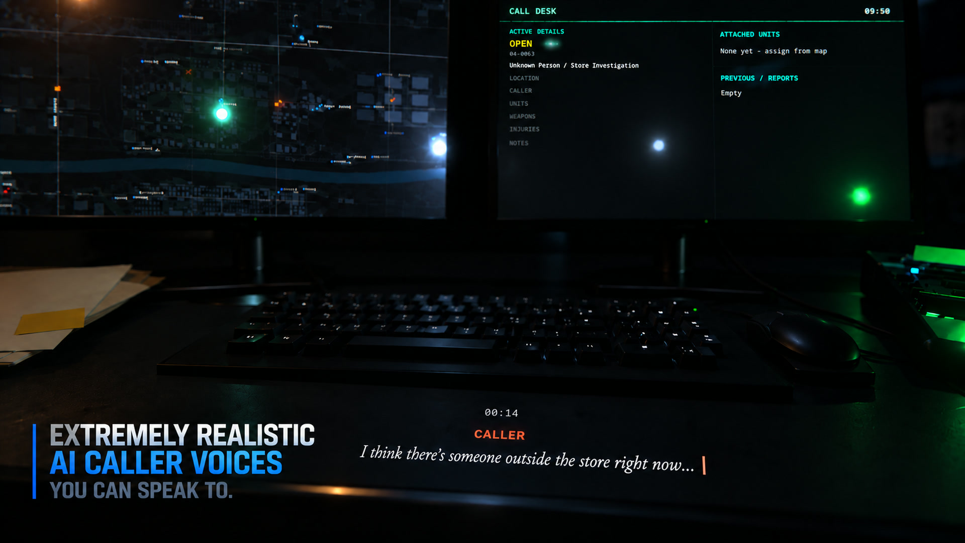 Dispatch desk with a live AI caller line: someone outside the store