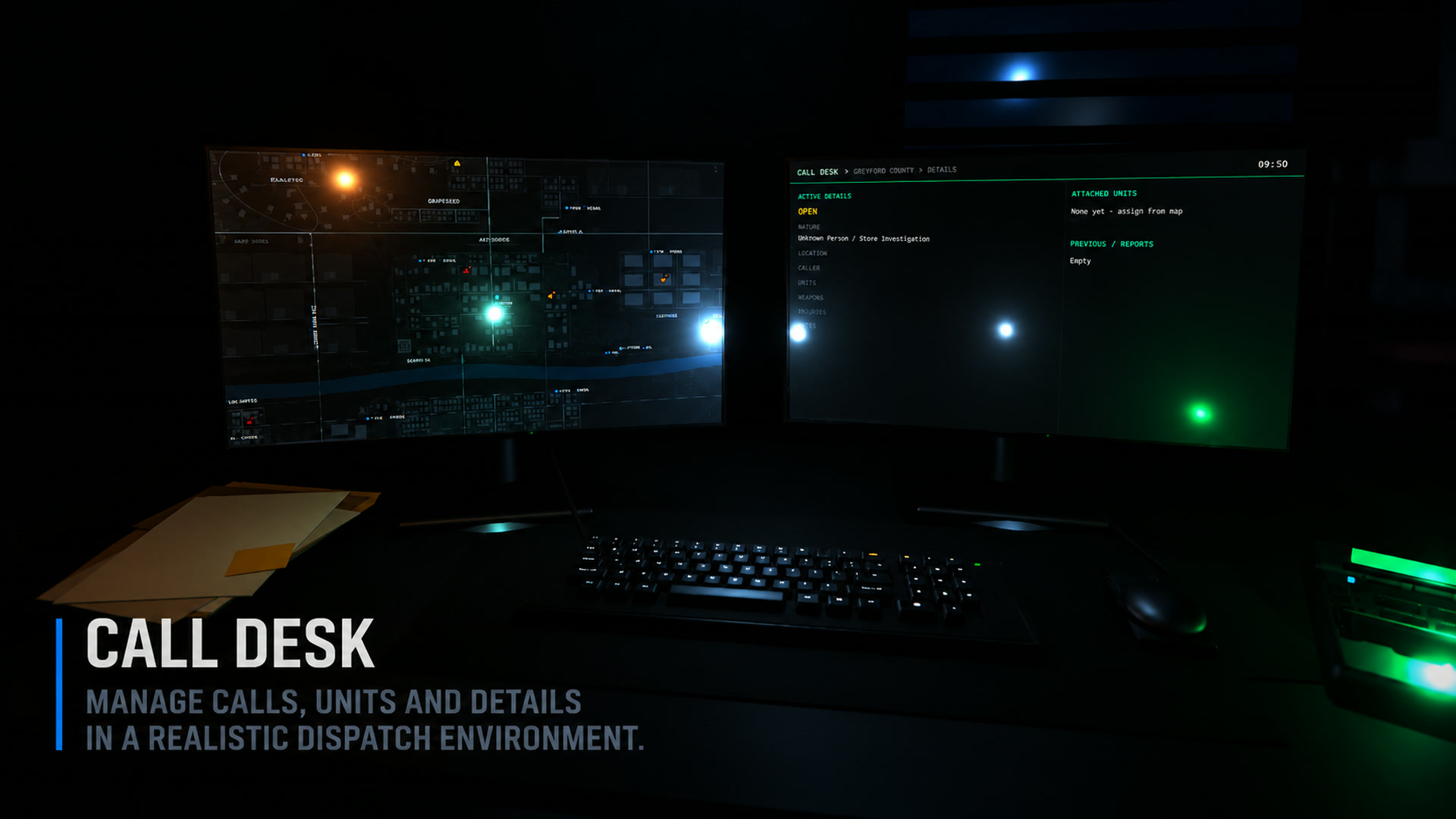 Call desk dual-monitor setup with map and open incident details