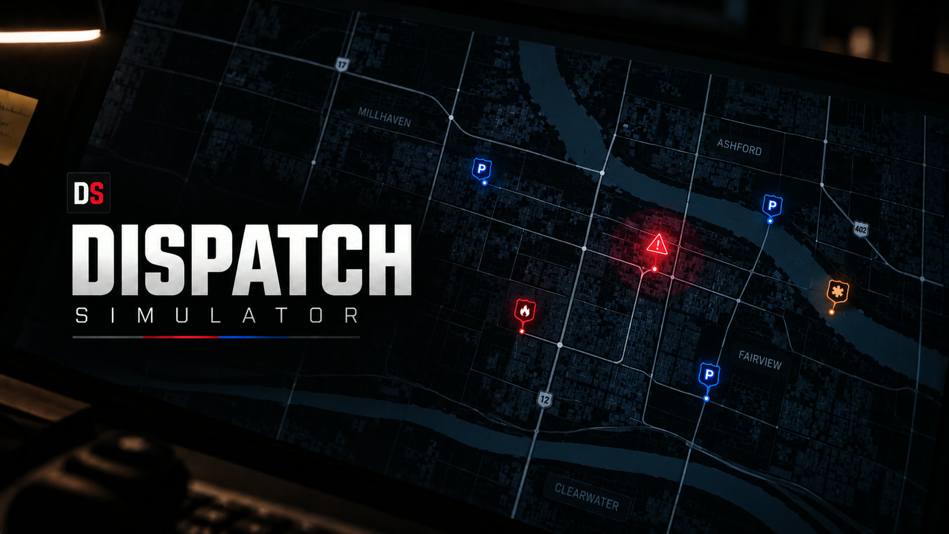 Dispatch Simulator county map with police, fire, and EMS units
